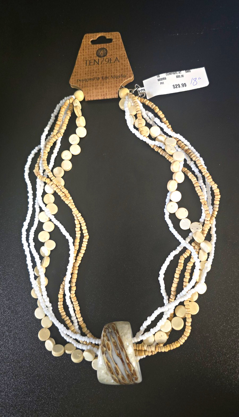 TEN79LA Multi-Strand Beaded Bohemian Statement Necklace White Beige 18in Charm
